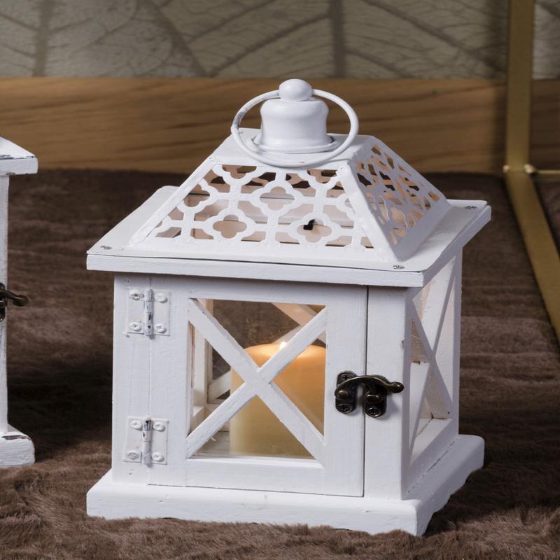 WHITE WOOD AND IRON LANTERN L15 X W15 X H27 CM