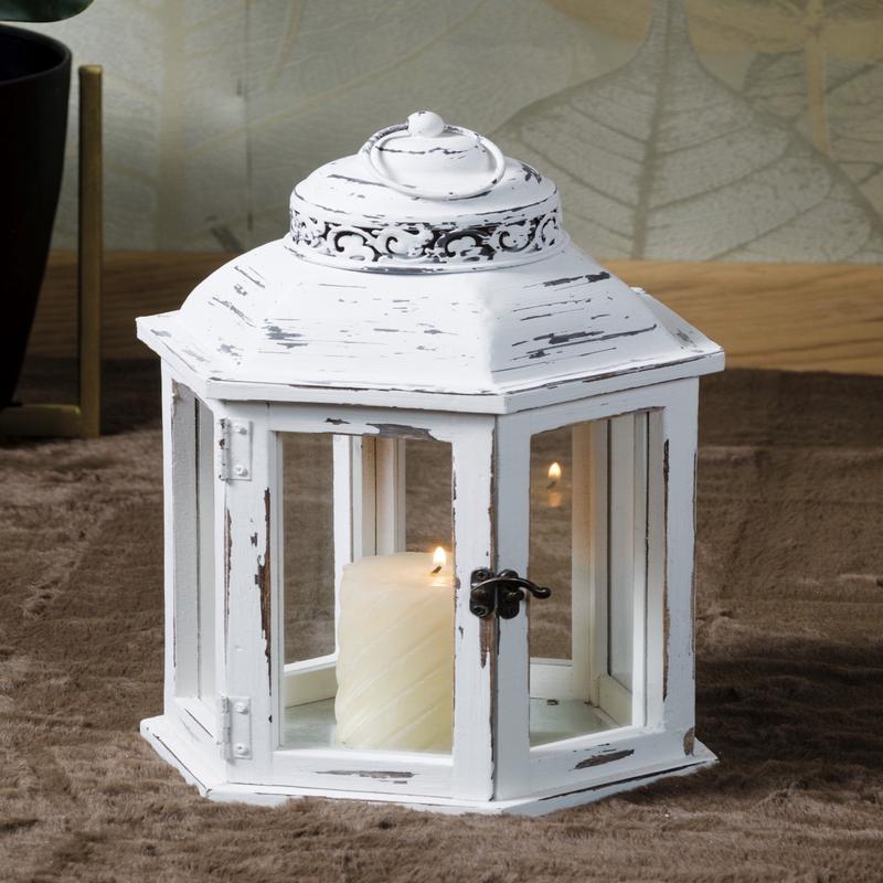 WHITE WOOD AND IRON LANTERN L18 X W18 X H43 CM
