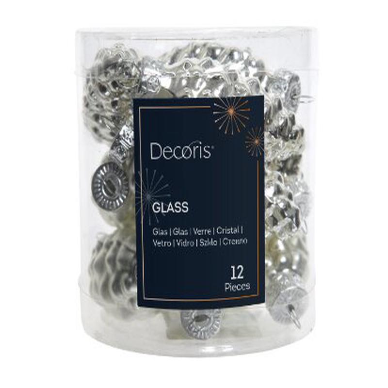 12 SILVER GLASS PINECONES 2.5X6CM