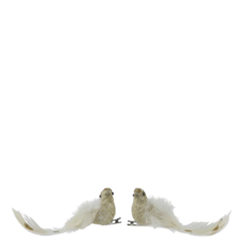 2 GOLD GLITTER BIRDS WITH FEATHERS L.15 C