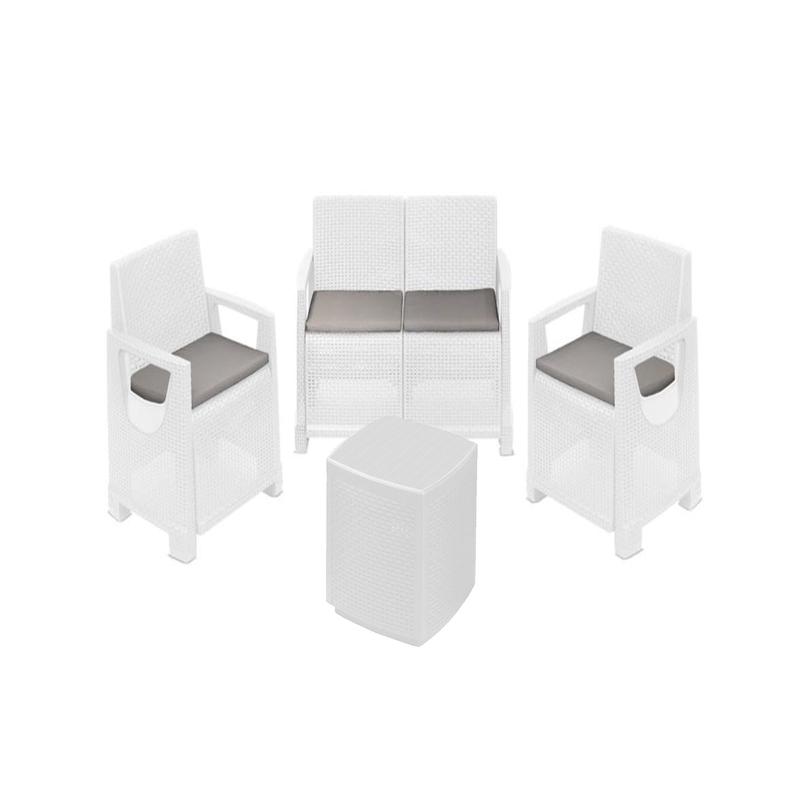 WHITE ARONA SET WITH CUSHIONS SOFA 2 ARMCHAIRS COFFEE TABLE CONTAINER
