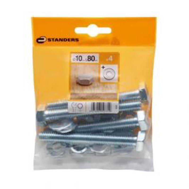 10 X 80 MM HEXAGON HEAD BOLT, NUT, 2 STEEL WASHERS, 4 PIECES